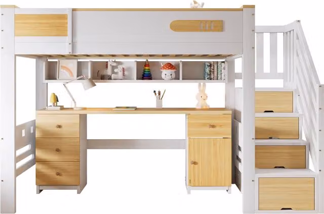 Letto a soppalco 90x200 cm con scrivania integrata; scala contenitore e mensola; legno massello e MDF; bianco e naturale