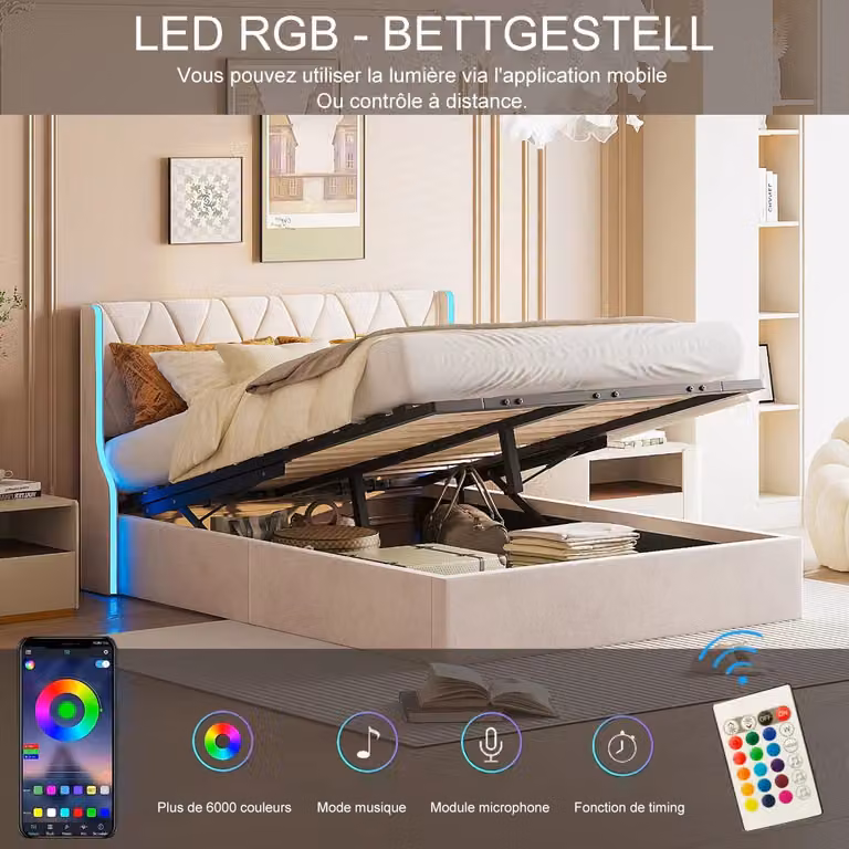 Letto imbottito ProximaX 140x200cm con LED e rete a doghe, letto a molle idrauliche con rete e contenitore, letto matrimoniale in velluto con contenitore letto funzionale, beige