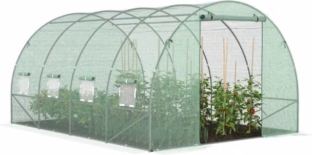 Serra da giardino a tunnel IDMarket in acciaio zincato con telo anti-UV verde, L: 4 m, P: 3 m, H: 2 m