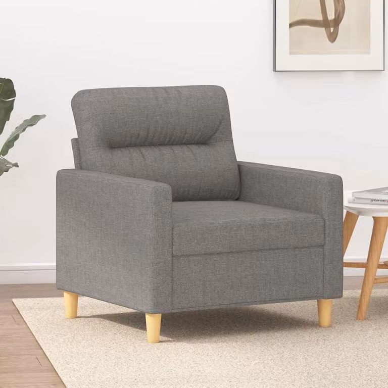 Poltrona da divano di colore grigio scuro, con una larghezza della seduta di 60 cm, realizzata in tessuto di poliestere resistente e con struttura in metallo