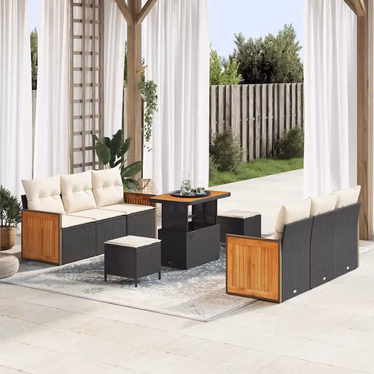 Set Divano da Giardino vidaXL 11 Pezzi con Cuscini Nero e Beige in Polyrattan e Acciaio