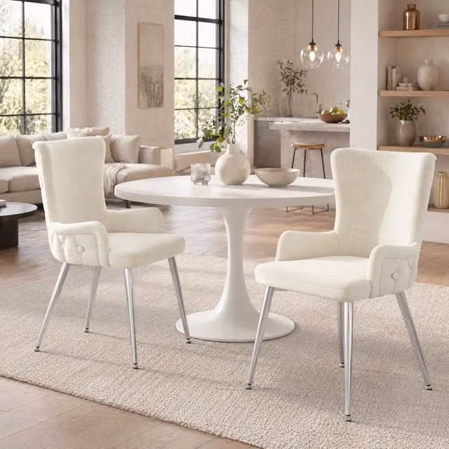 Set di 2 Sedie da Pranzo in Velluto Beige con Struttura in Metallo Argento