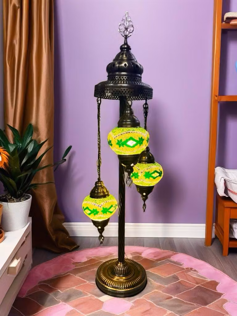 Lampada da tavolo turca fatta a mano con 3 sfere di vetro colorate a mosaico – elegante lampada da comodino per soggiorno e camera da letto