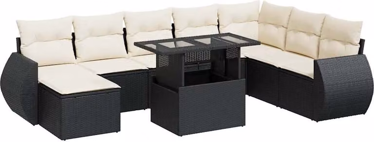 Set Divani da Giardino 9 pz con Cuscini Nero in Polyrattan