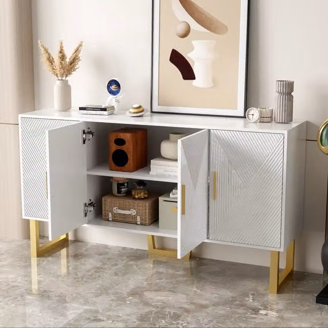Credenza 4 ante ripiani regolabili lucida strutturata per soggiorno in MDF e truciolare bianca 150 × 40 × 82 cm