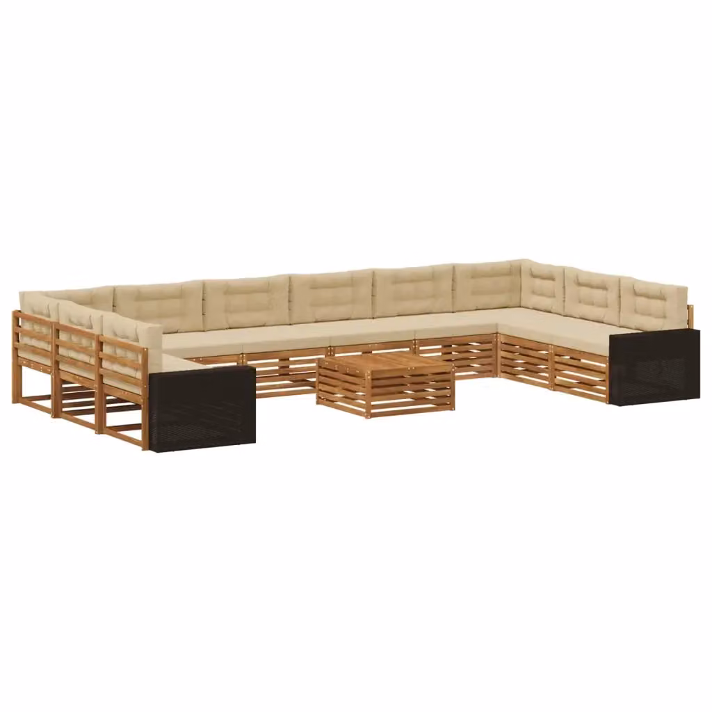 Set di divani da giardino vidaXL in legno di acacia massello con cuscini beige e marroni, 11 pezzi – 2
