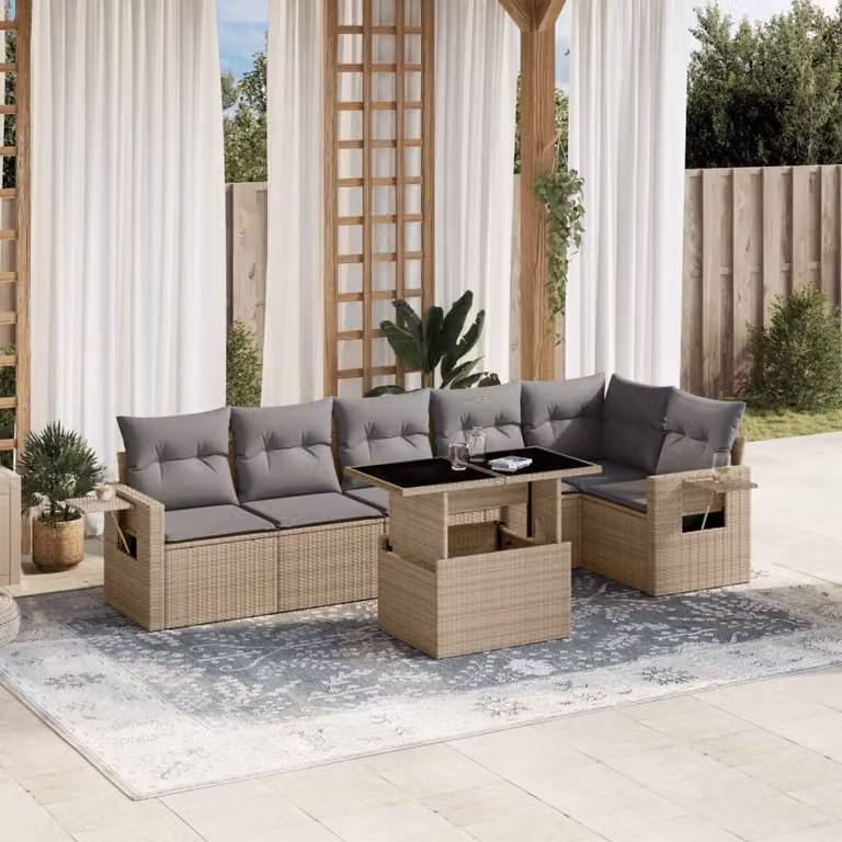 vidaXL Set Divani da Giardino 7 pz in Polyrattan con Cuscini Beige e Tavolino da Esterno