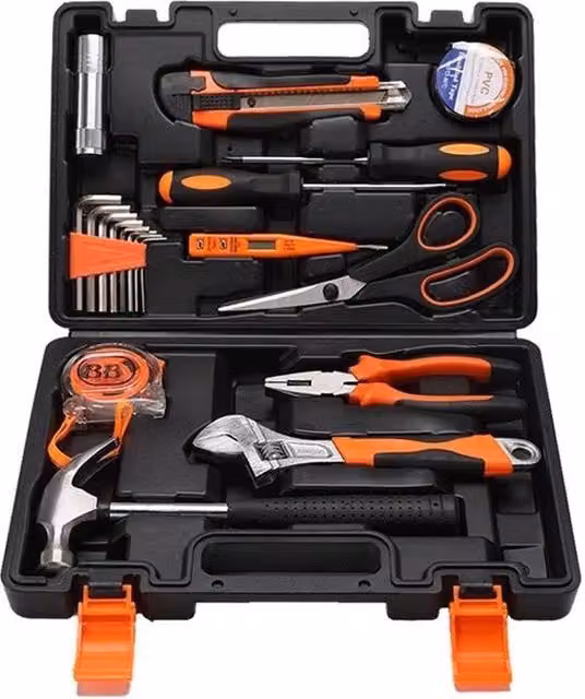 Set di attrezzi completo da 20 pezzi con martelli, chiavi inglesi, pinze e punte in plastica, colore nero