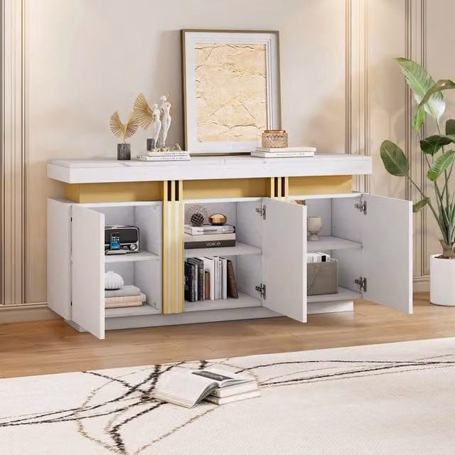 Sideboard REDOM Bianco Effetto Marmo con 3 Ante e Finitura Lucida L: 140 cm, P: 38 cm, H: 70 cm