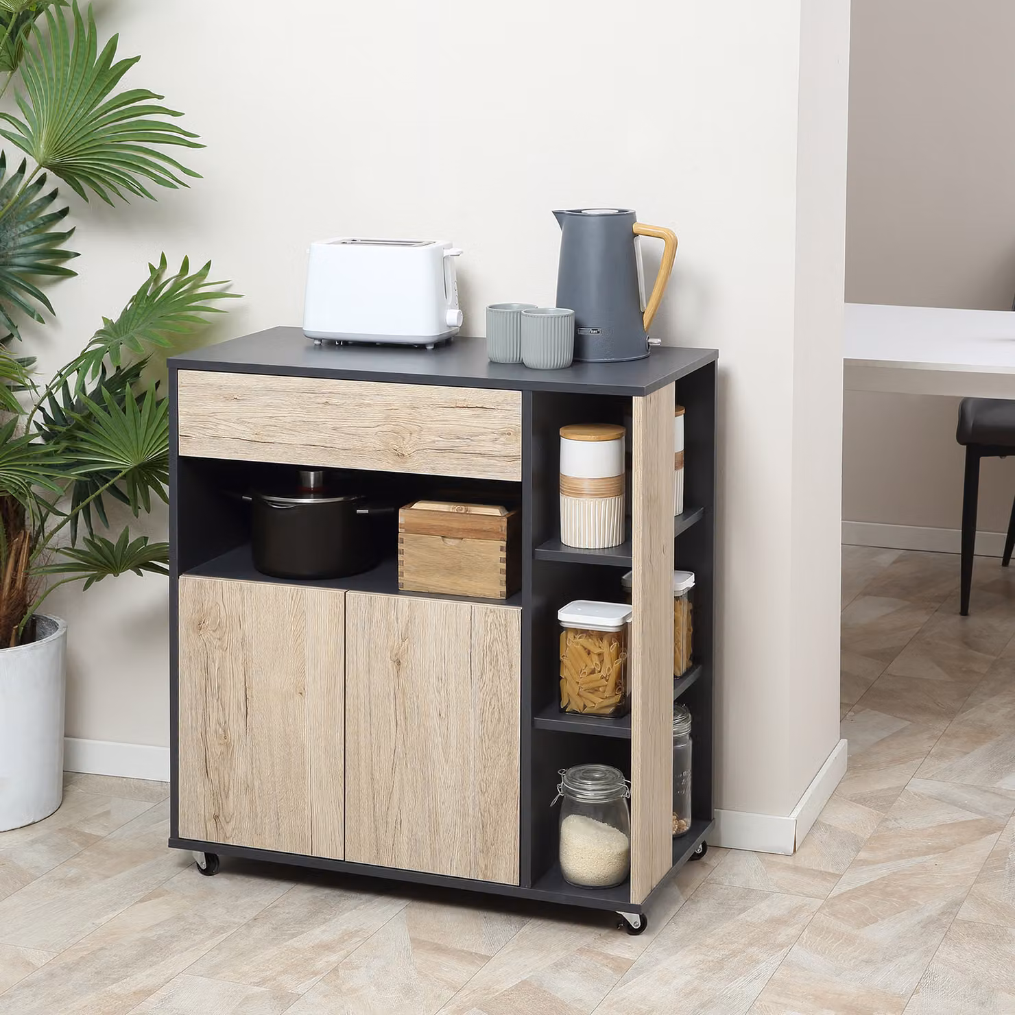 Armadietto Multiuso su Ruote HOMCOM per Cucina in Legno, Colore Nero e Marrone, L: 80 cm, P: 39 cm, H: 86.5 cm – 2