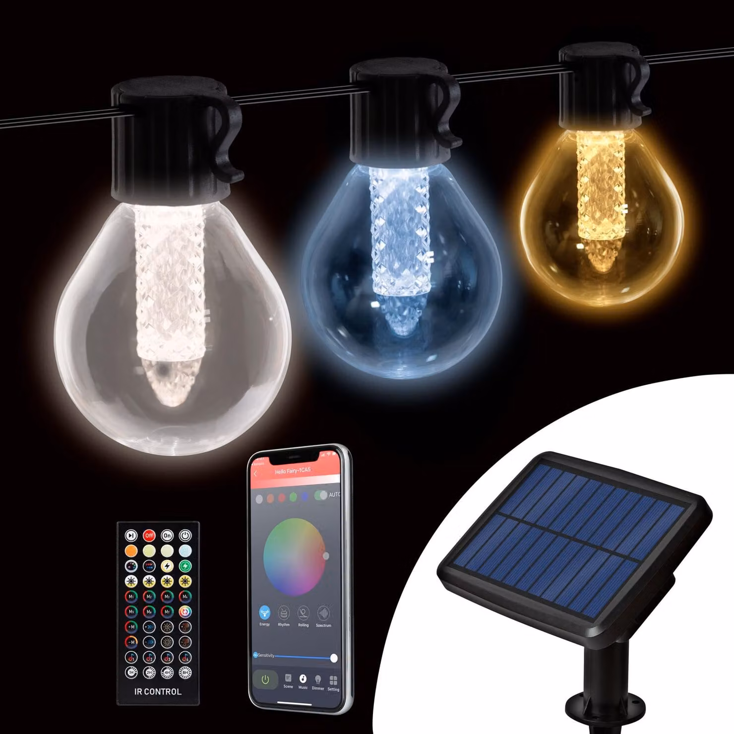 Catena luminosa solare intelligente – 15 LED – Temperatura del colore regolabile – 7,5 m – Con app Bluetooth e telecomando – Alimentazione solare e ricaricabile tramite USB – Per giardino, terrazza e illuminazione esterna [11743]