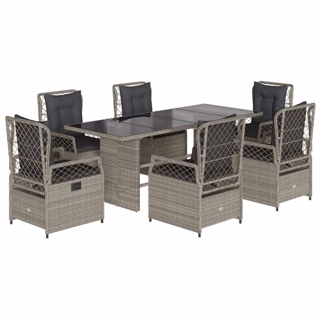 Set da Pranzo da Giardino 7 pz Cuscini Polyrattan Grigio Chiaro