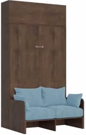 Letto matrimoniale a scomparsa Kentaro Itamoby con divano e pensile, colore noce e azzurro, L/P: 140 x 190 cm – 1