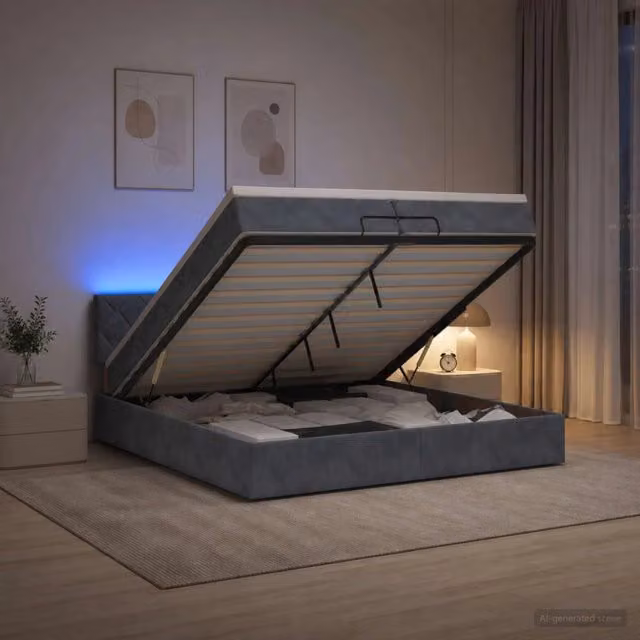 Letto Ottomano con Materasso Ibrido vidaXL in Velluto Grigio e Bianco con Illuminazione LED e Porte USB L/P/H: 200 x 200 x 88 cm