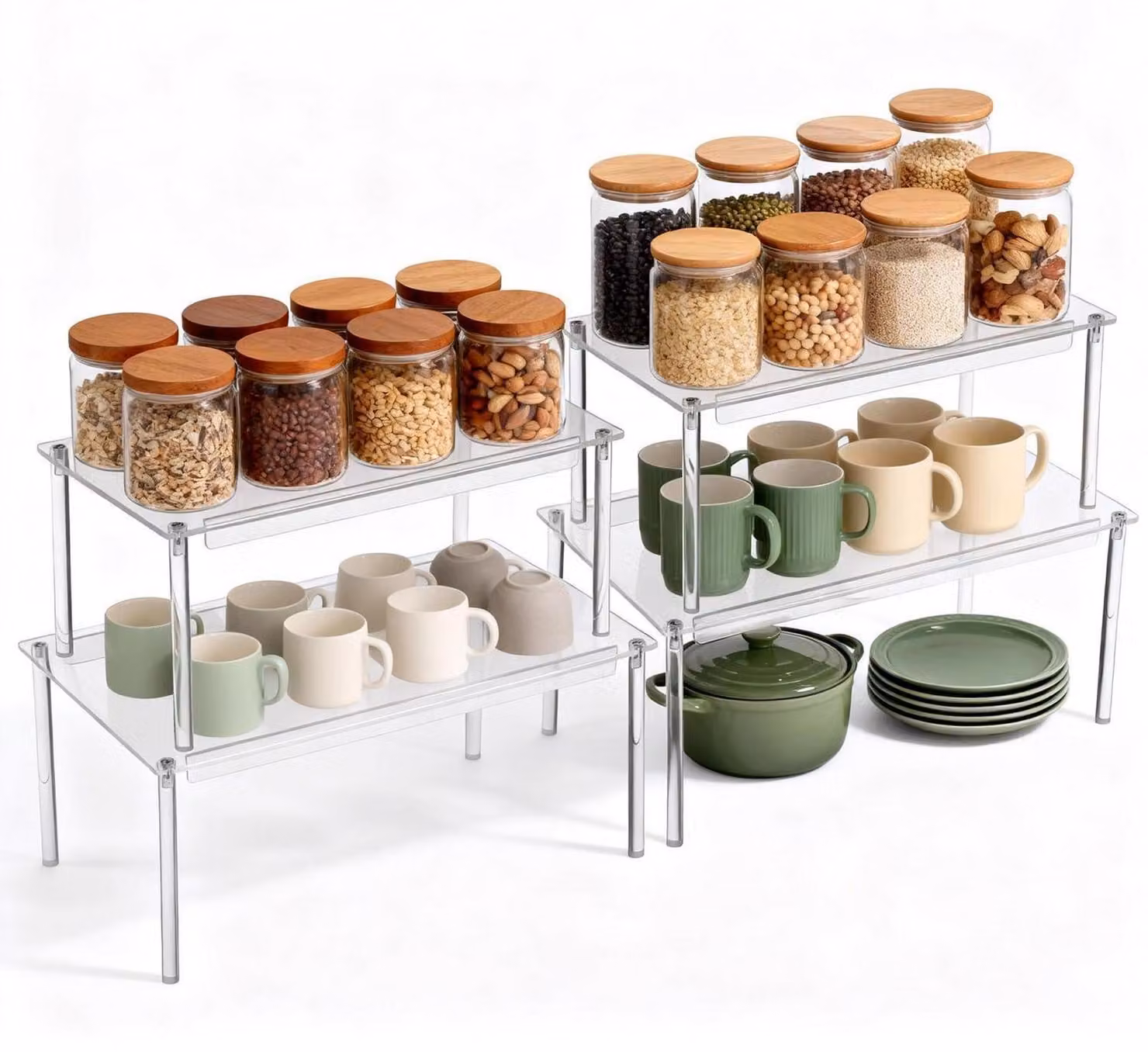 Set di 4 organizer per la cucina, in acrilico trasparente, impilabili e modulari