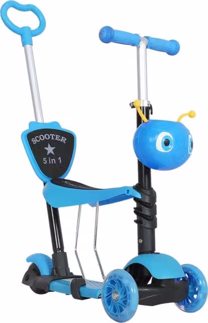 Trottinetta evolutiva 5 in 1 HOMCOM per bambini con 3 ruote, manubrio regolabile e sella con schienale rimovibile, Blu – 1