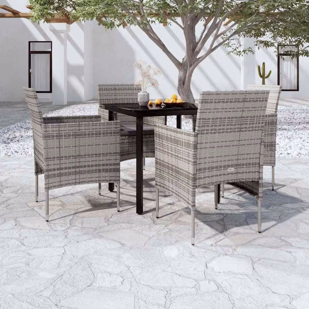 Set da pranzo da giardino vidaXL in polyrattan con tavolo in vetro e 5 sedie con cuscini, Grigio e Nero