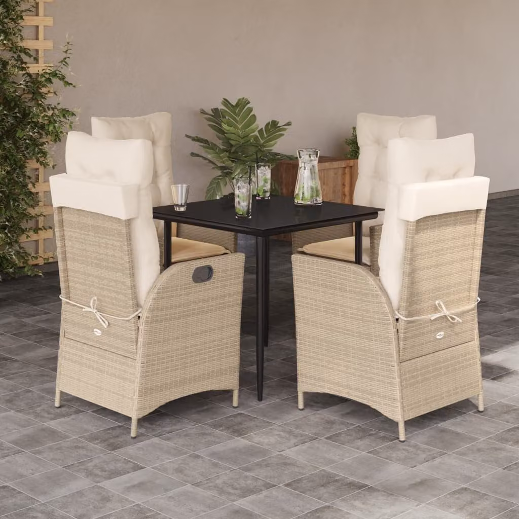 Set da Pranzo da Giardino vidaXL in Polyrattan con Cuscini Beige e Tavolo in Vetro 5 pz – 1