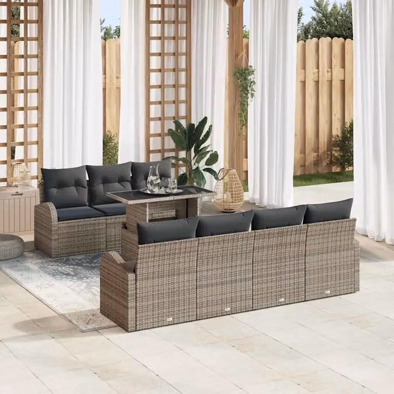 Set Divano da Giardino vidaXL 8 Pezzi Grigio con Cuscini e Tavolino in Rattan e Metallo
