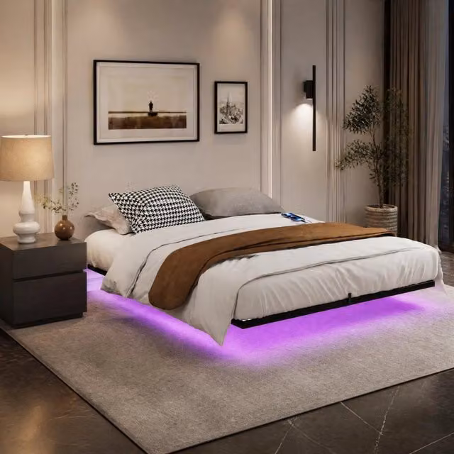 Letto matrimoniale sospeso MODFU in metallo nero con illuminazione LED, porte USB e Type-C, L/P: 160 x 200 cm