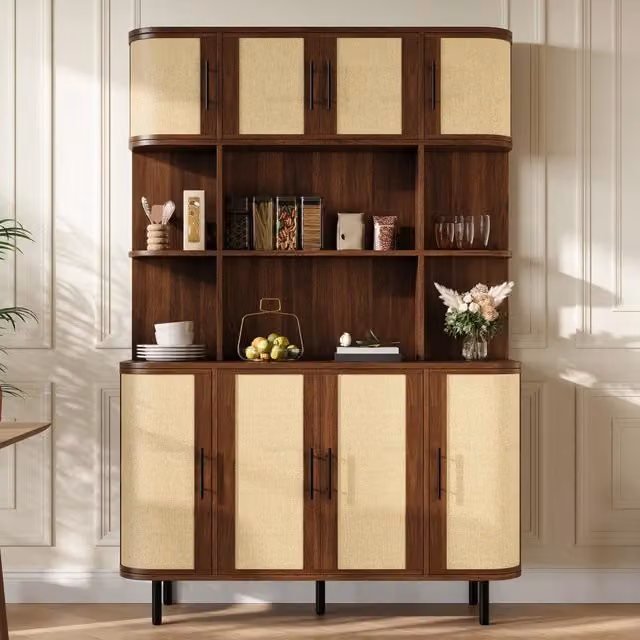 Desviae Credenza con 8 ante e frontali a intreccio in MDF noce con maniglie nere e piedi in ferro 120 × 20 × 180 cm