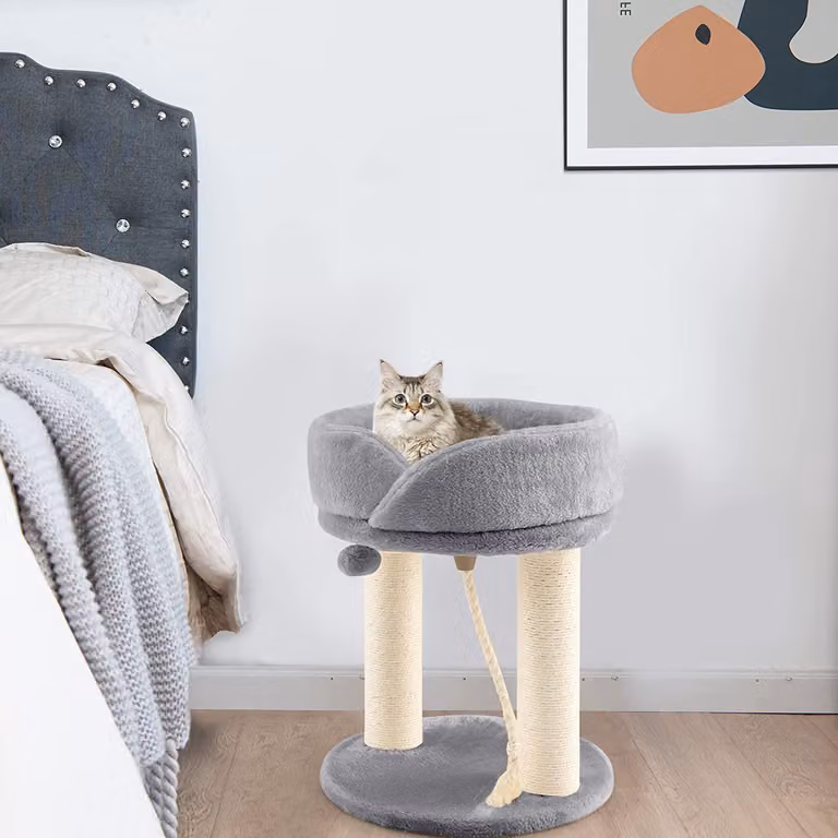 COSTWAY 4in1 tiragraffi piccolo 50,5 cm, albero per gatti con seduta morbida, base, palla di pelo e corda in sisal, tiragraffi in legno per gatti, albero da arrampicata, arredamento per gatti, grigio