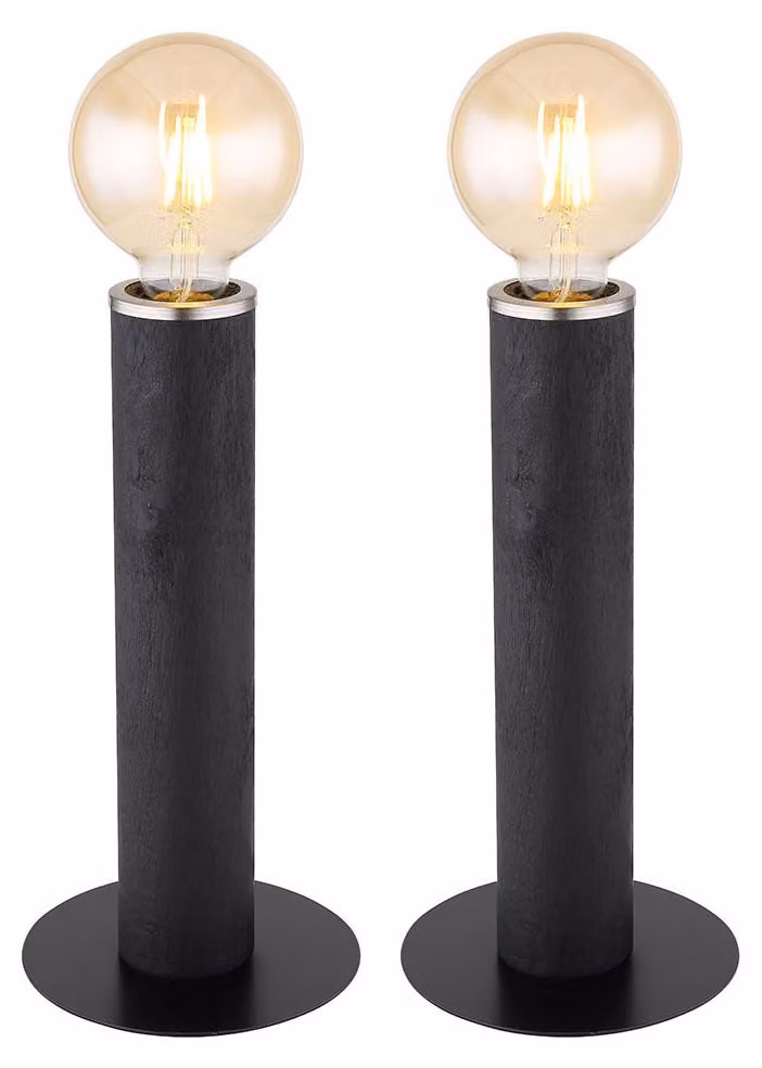 2 lampade da tavolo MARION, nere, in metallo, con aspetto effetto legno, forma rotonda, altezza 30,5 cm