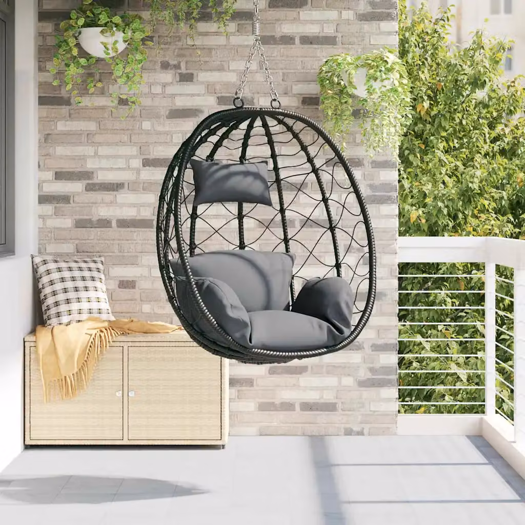 Sedia uovo sospesa moderna vidaXL in polyrattan con cuscini, colore Antracite, L/P/H: 54.5 x 91 x 107 cm