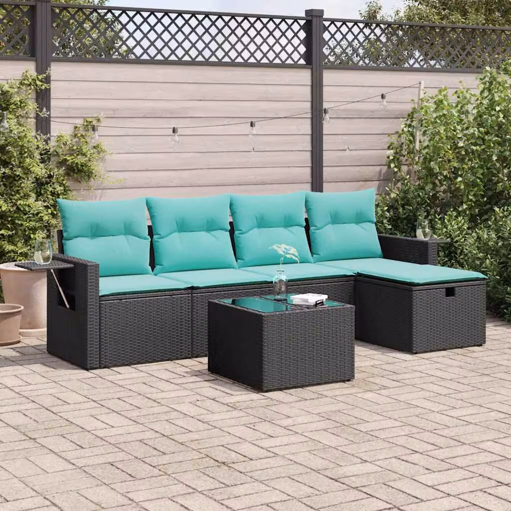 Set Divano da Giardino a L vidaXL 6 pz con Cuscini e Tavolino in Polyrattan Nero