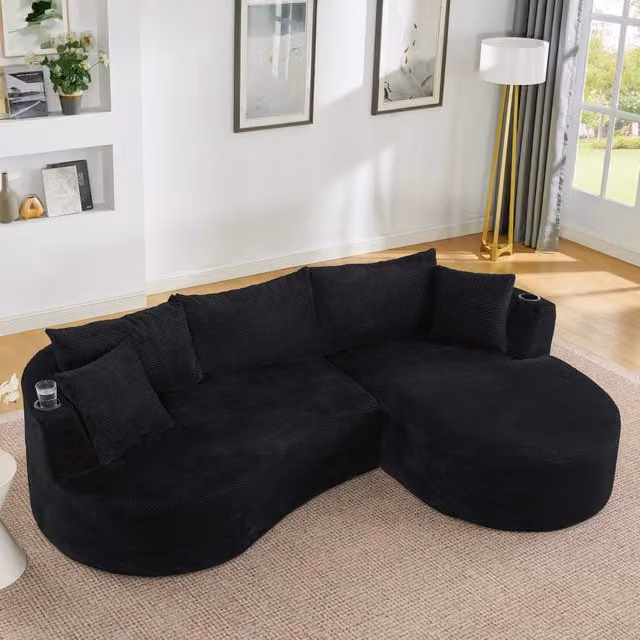 Divano Angolare 3 Posti con Chaise Longue ¨C MINIMAL ¨C Velluto a Coste, Nero, con Cuscini