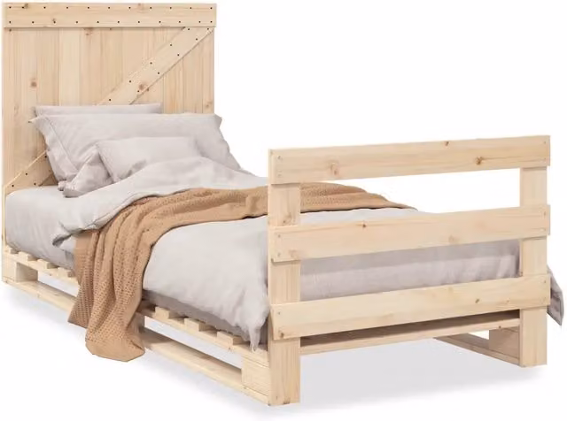 Letto singolo per adulti in legno massello di pino con testiera, stile rustico, colore beige, L 90 cm x P 200 cm