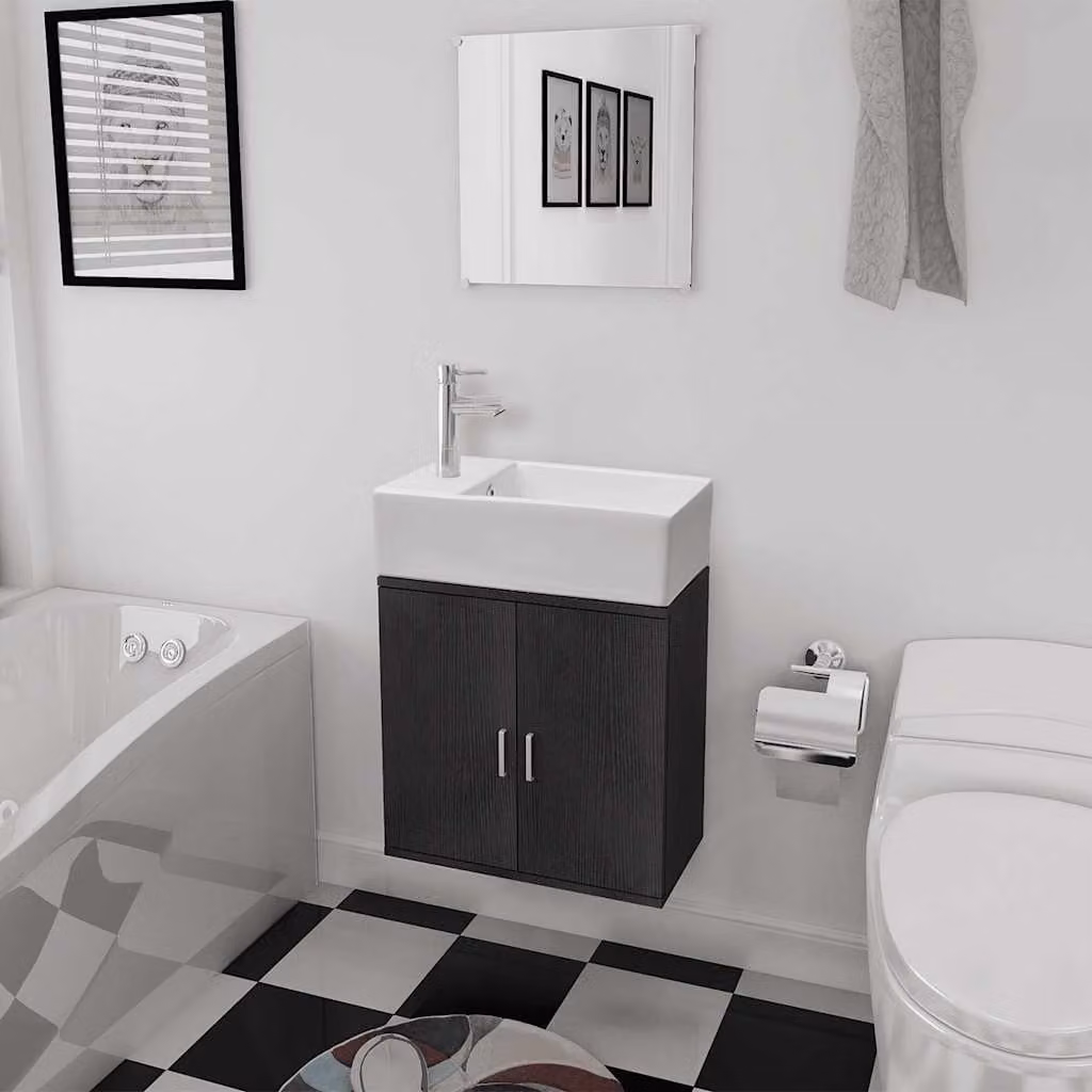 Set di mobili da bagno moderno vidaXL composto da mobile lavabo, armadietto con specchio e pensile in legno e ceramica nero opaco – 1