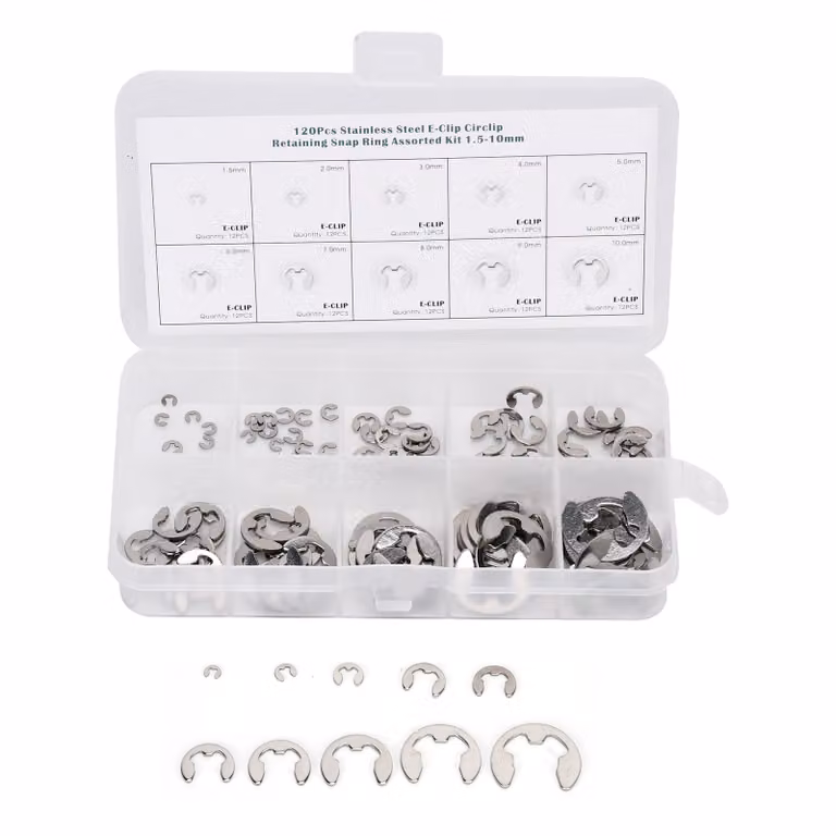 gamma di rondelle E-Clip in acciaio inox da 120 pezzi per anelli di sicurezza esterni, anelli di sicurezza, da 1,5 mm a 10 mm