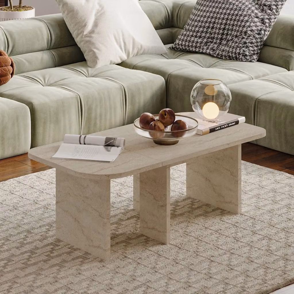 Set di tavolini rettangolari Iris HANAH HOME in legno e pietra, colore beige opaco, L: 90 cm, P: 45 cm, H: 35 cm – 2