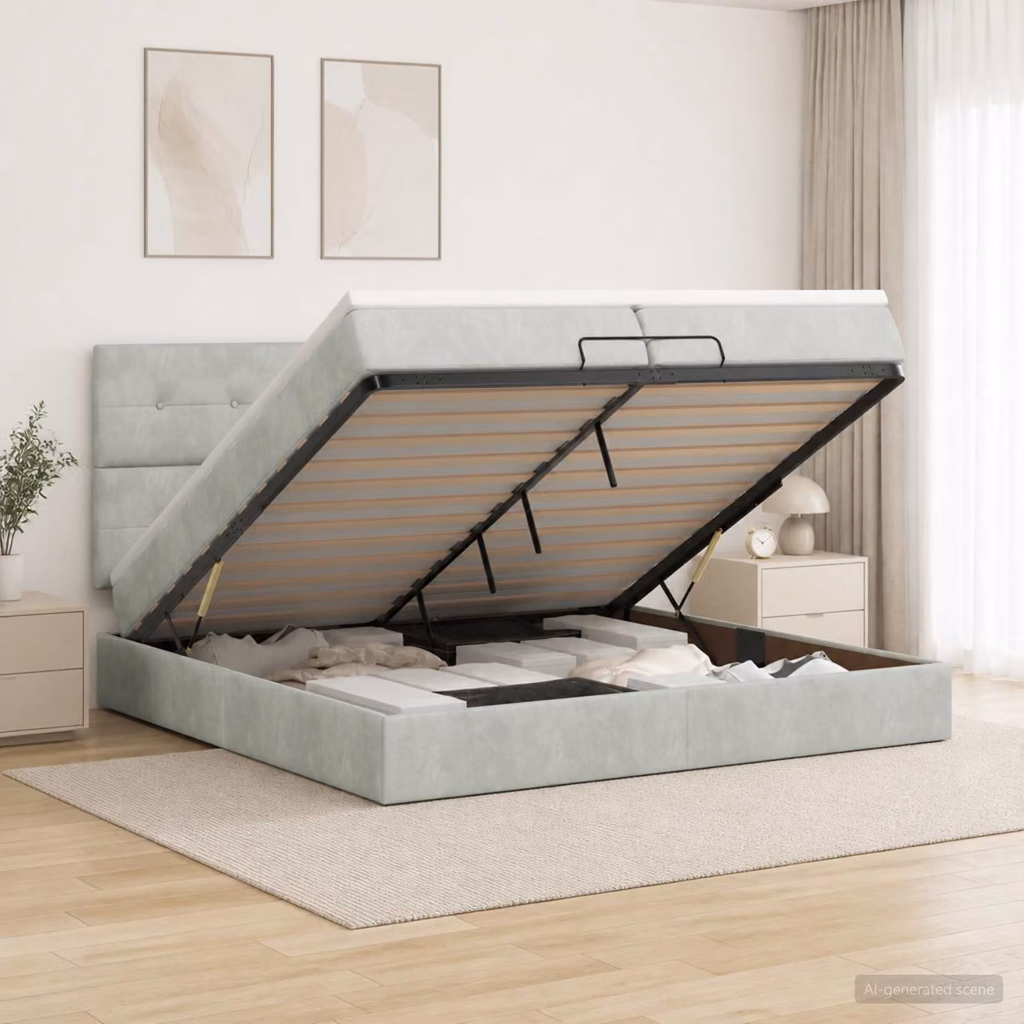 Letto ottomano con materasso vidaXL in velluto grigio chiaro, L/P/H: 200 x 200 x 88 cm