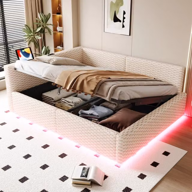 Letto Imbottito 140x200 con LED e USB ¨C MINIMAL ¨C Velluto Beige, Idraulico
