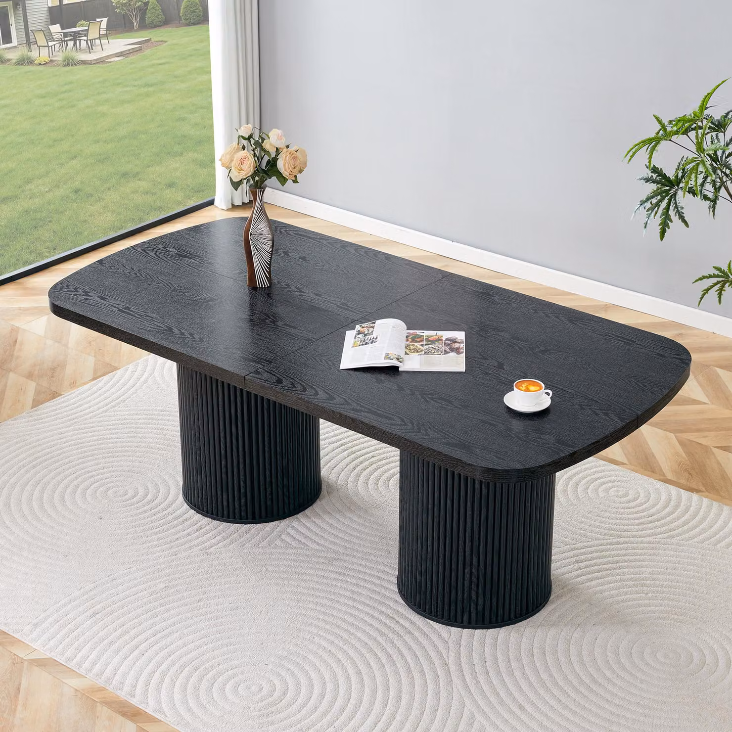 Tavolo da pranzo MODFU con struttura scanalata, tavolo da cucina con piano ovale e doppia base, per 6-8 persone, MDF, nero