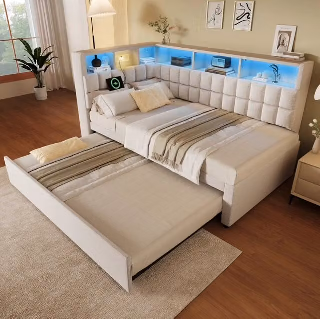Letto singolo estraibile ULEVR 90x200 cm con LED, Bluetooth, USB e Type-C, testiera a L beige