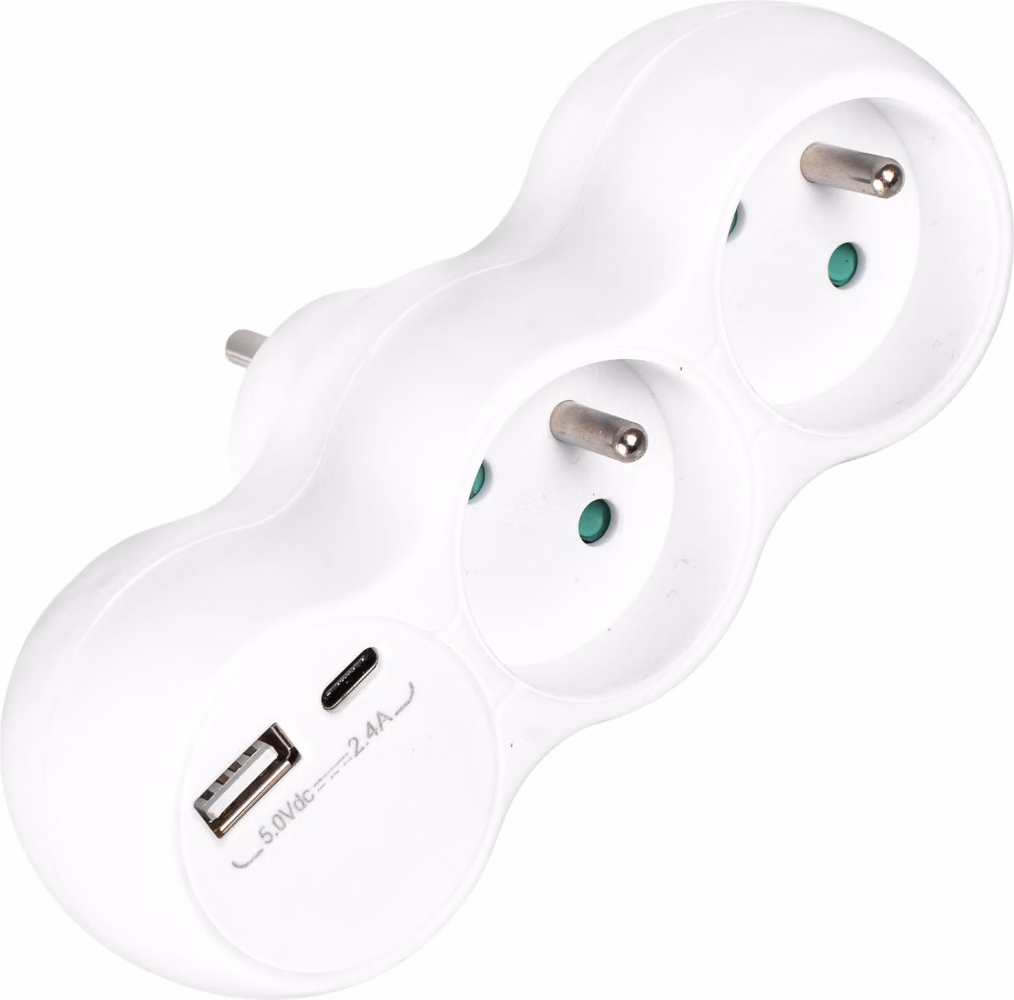 Vayox VA0358 Adattatore di presa 2 scomparti con messa a terra francese + USB-C 2.4A + USB-A 2.4A, bianco