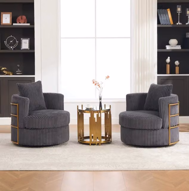 Poltrona girevole a 360° in velluto a coste grigio con vano contenitore; 76 × 79 × 78 cm