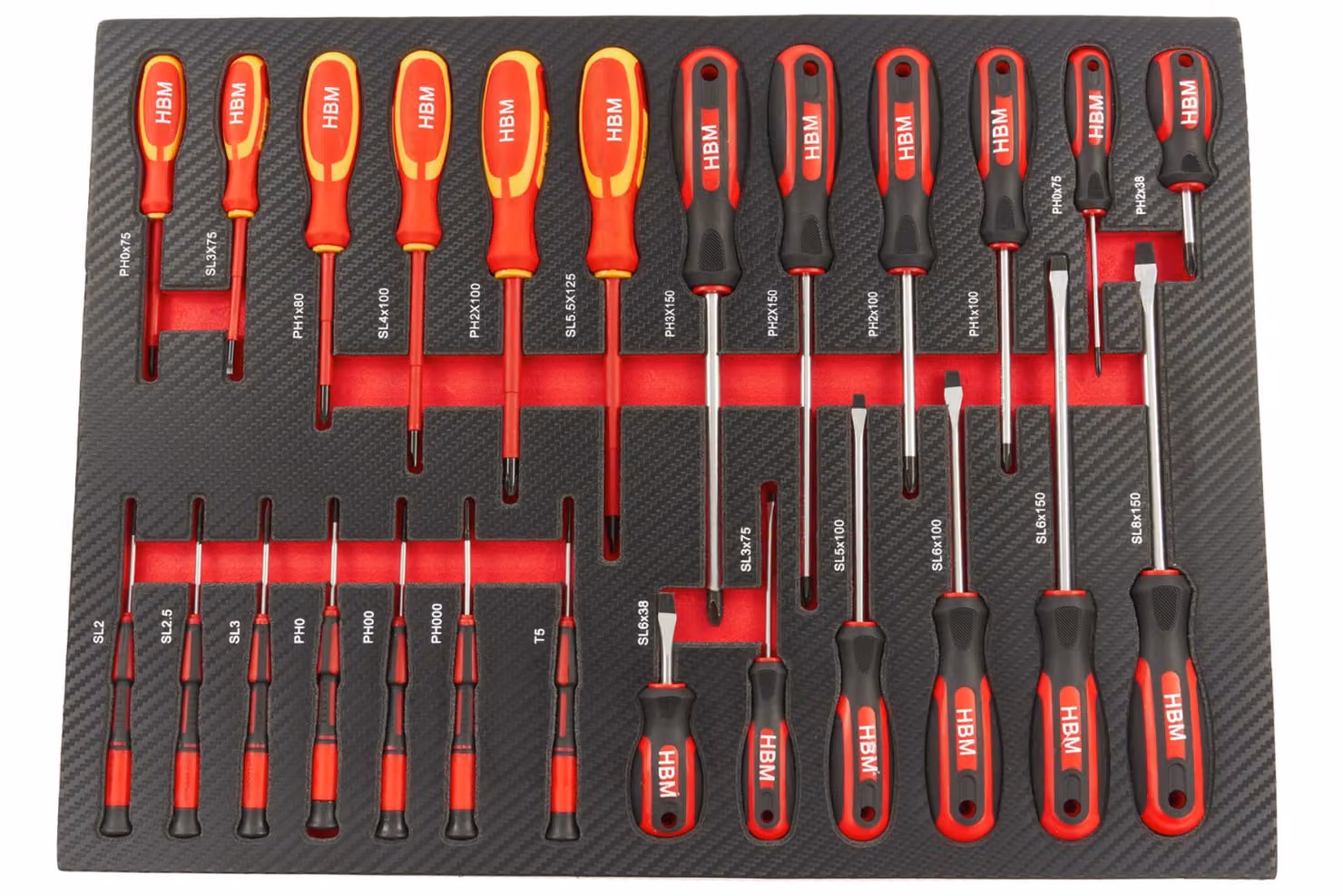 Set di 25 cacciaviti HBM con inserto in schiuma di carbonio per carrello portautensili
