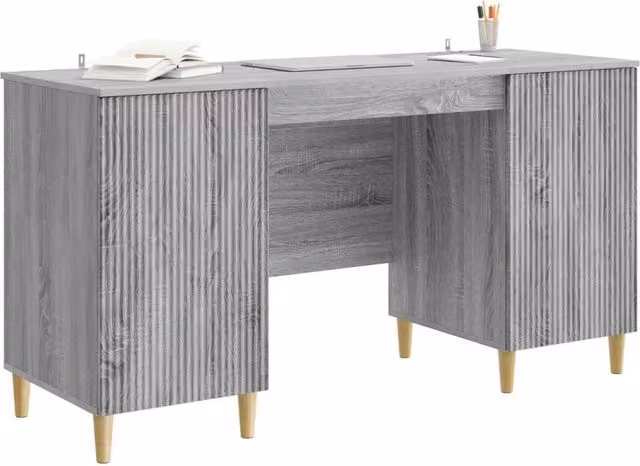 Scrivania moderna in MDF laminato per ufficio o casa, colore grigio e marrone, L: 142,5 cm, P: 50 cm, H: 75 cm