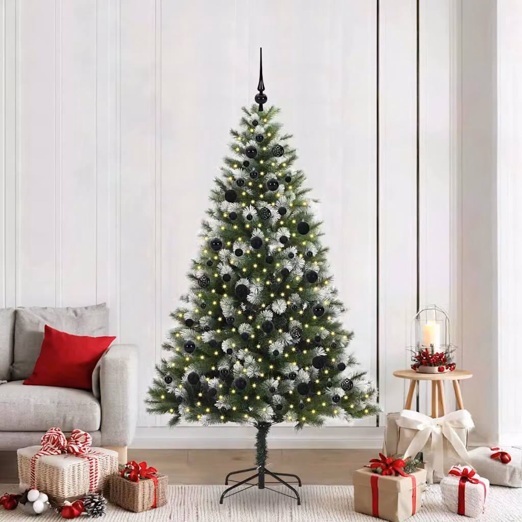 Albero di Natale artificiale vidaXL con rami snodati, neve imbiancata e luci LED bianco caldo, verde e bianco