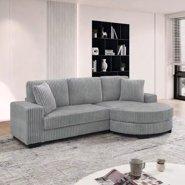 Divano angolare modulare da 256;5?x?133;5?x?89?cm 4 posti a coste; con pouf ovale e 2 cuscini incluso; velluto; grigio