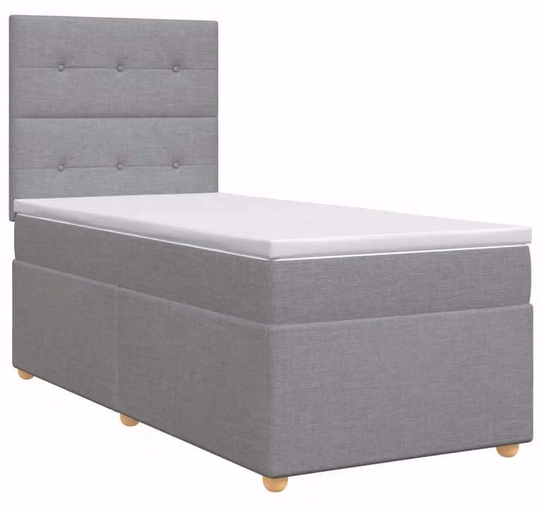 Letto con boxspring e materasso, con testiera, colore grigio chiaro, modello singolo, rivestito in tessuto