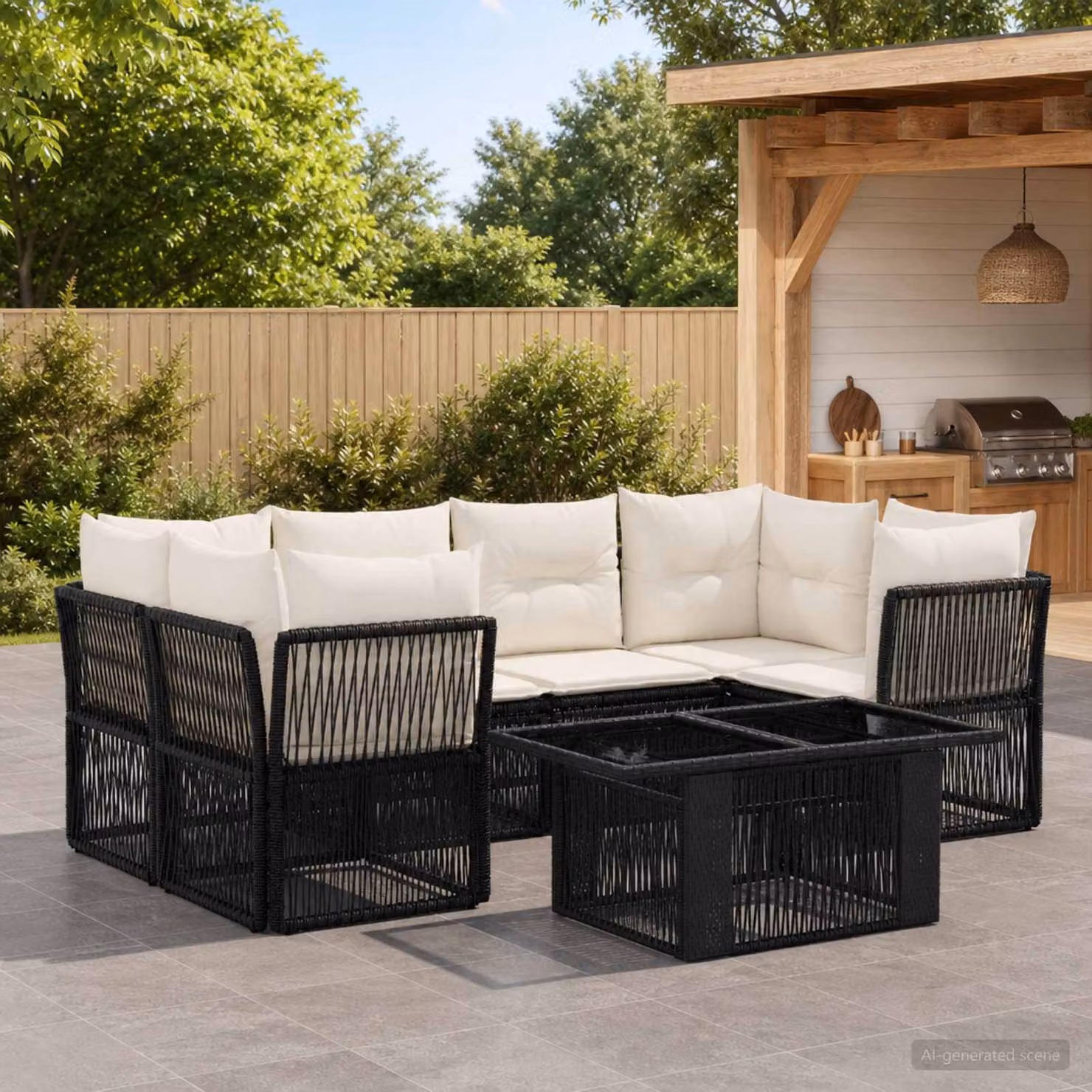 Set Divano da Giardino vidaXL 7 Pezzi Moderno a Forma di L in Polyrattan Nero con Cuscini e Tavolino da Esterno