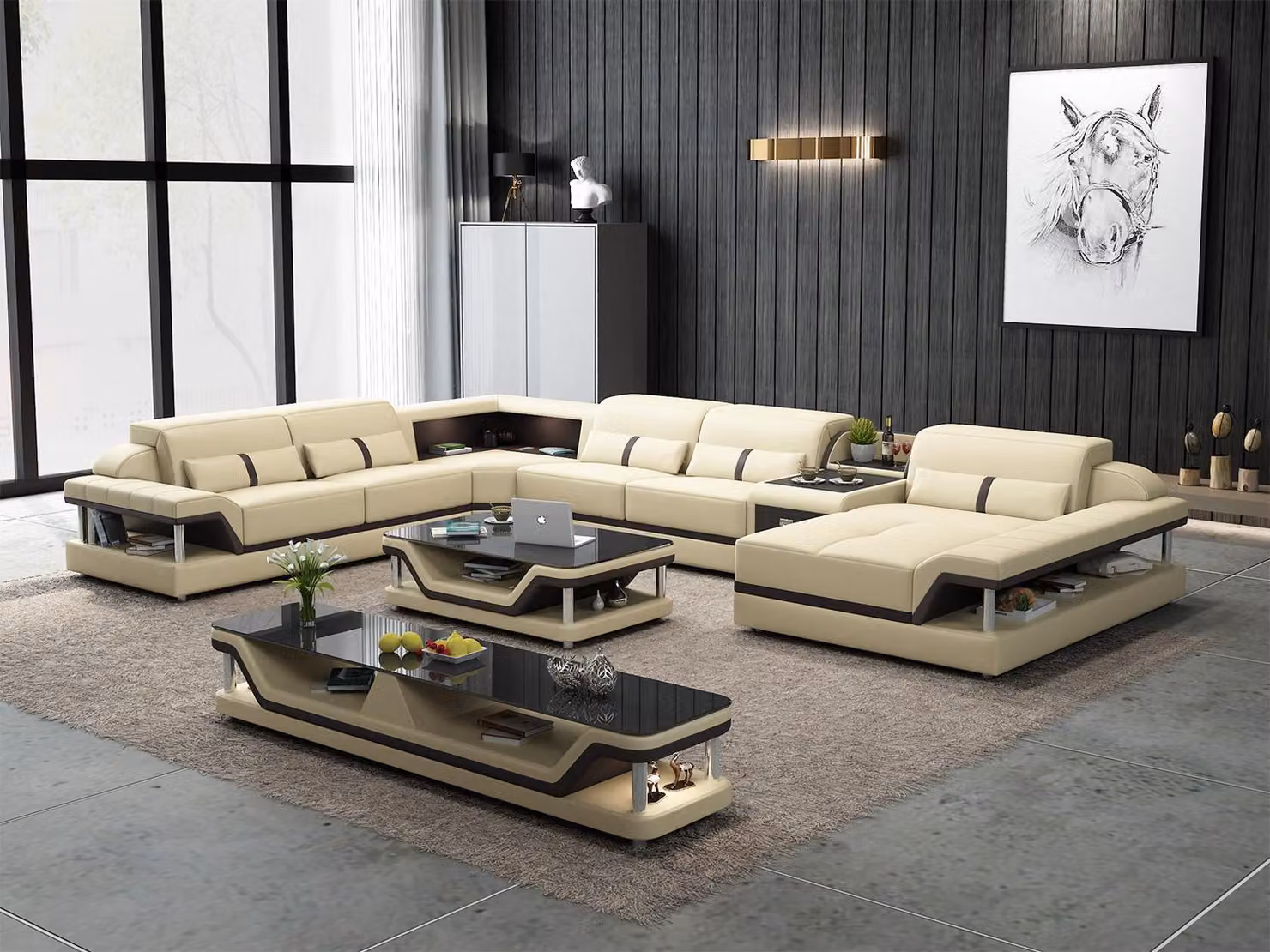 Ecksofa Beige mit Couchtisch 2tlg. Wohnzimmer Ledersofa Set Eckgarnitur Tisch
