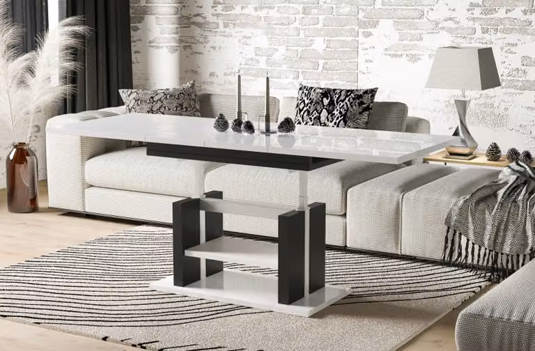 Tavolino Endo-Möbel Dior 110cm allungabile fino a 170cm regolabile in altezza a doppia alzata (bianco lucido)