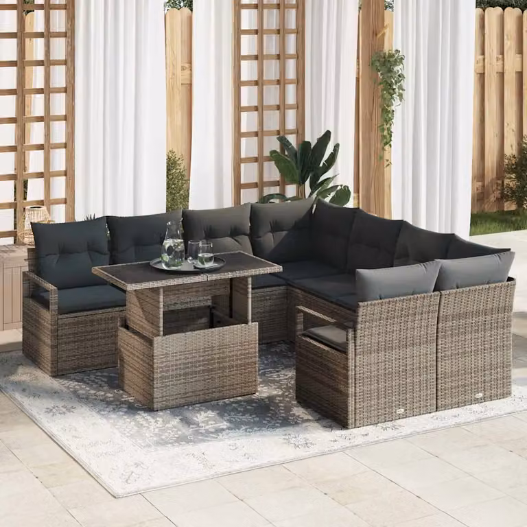 Set Divano da Giardino Moderno vidaXL in Poly Rattan Grigio con Cuscini e Tavolino