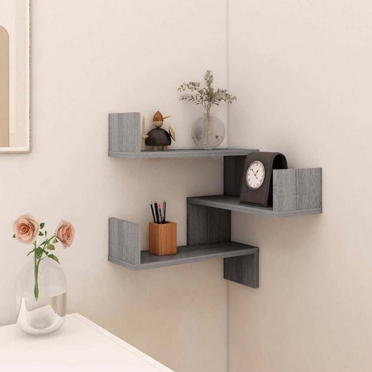 Scaffale angolare a parete, realizzato in materiale composito, colore grigio Sonoma